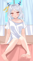 Rule 34 | 1girl, alternate costume, animal ears, bare legs, bare shoulders, barefoot, bed, blush, breasts, brown eyes, commentary request, curtains, ear covers, ear ornament, feet, grey hair, highres, hishi miracle (umamusume), horse ears, horse girl, kudo (user dzch8572), legs, looking at viewer, medium breasts, medium hair, on bed, open mouth, shirt, short sleeves, solo, toenails, toes, umamusume, white shirt