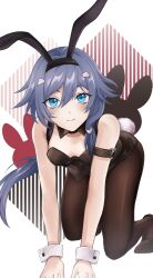 Rule 34 | 1girl, all fours, black bow, black bowtie, black hair, black leotard, black pantyhose, bow, bowtie, breasts, closed mouth, fu hua, full body, honkai (series), honkai impact 3rd, leotard, long hair, looking at viewer, pantyhose, playboy bunny, ponytail, small breasts, smile, solo, toki 9113, white background, wrist cuffs