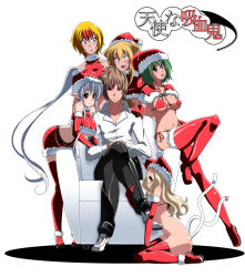 Rule 34 | 1boy, 5girls, bikini, boots, bottomless, breasts, chair, christmas, couch, girl sandwich, harem, hat, legs, crossed legs, long hair, medium breasts, multiple girls, multiple tails, no panties, original, pimp, pointy ears, sandwiched, santa costume, santa hat, satsuki imonet, sitting, swimsuit, tail, thighhighs, underboob, very long hair