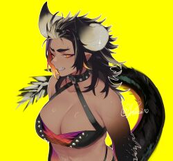 Rule 34 | 1girl, absurdres, breasts, chigen (drakkai10), choker, cleavage, clenched teeth, commentary, dark-skinned female, dark skin, dragon girl, dragon horns, dragon tail, ear piercing, eyebrow piercing, fangs, halterneck, highres, horns, large breasts, monster girl, monster hunter, monster hunter: world, monster hunter (series), multicolored eyes, multicolored hair, nergigante, personification, piercing, pointy ears, sharp teeth, simple background, slit pupils, solo, spiked choker, spikes, streaked hair, tail, teeth, twitter username, two-tone hair, upper body, white hair, yellow background, yellow eyes