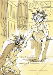 Rule 34 | 2boys, armlet, atem, barefoot, black hair, blush, bracelet, cape, commentary request, dyed bangs, fushitasu, holding another&#039;s foot, indoors, jewelry, kissing foot, kneeling, male focus, multiple boys, muto yugi, on one knee, open mouth, pillar, shoes, sitting, spiked hair, spread legs, sweat, toes, yu-gi-oh!, yu-gi-oh! duel monsters