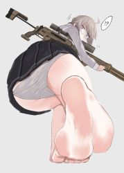 Rule 34 | !?, 1girl, barefoot, black skirt, character request, feet, foot focus, girls&#039; frontline, grey background, grey hair, gun, highres, kilabo, looking at viewer, m200 (girls&#039; frontline), o o, purple eyes, scared, skirt, soles, solo, tagme, toes, underwear, weapon