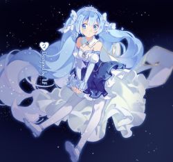 Rule 34 | 1girl, amulet, bare shoulders, blue dress, blue eyes, blue hair, cape, commentary, detached collar, dress, frilled dress, frills, full body, hair ornament, hatsune miku, head tilt, highres, juliet sleeves, leaning forward, long hair, long sleeves, mikka620, puffy sleeves, snowflake hair ornament, snowflakes, snowing, solo, striped sleeves, tiara, twintails, v arms, very long hair, vocaloid, yuki miku