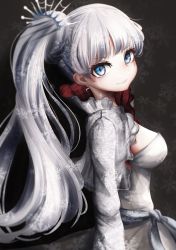 Rule 34 | 1girl, blue eyes, closed mouth, dress, from side, grey jacket, highres, jacket, looking at viewer, looking to the side, narue, one side up, open clothes, open jacket, rwby, smile, solo, weiss schnee, white dress, white hair