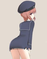 Rule 34 | 10s, 1girl, blush, brown background, clothes writing, from behind, hat, kantai collection, looking at viewer, looking back, momiji7728, personification, red eyes, red hair, sailor collar, sailor hat, short hair, simple background, solo, z3 max schultz (kancolle)