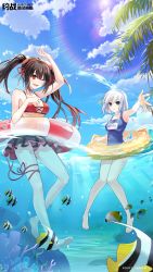 Rule 34 | 2019, 2girls, :d, absurdres, arm up, armpits, barefoot, bikini, black hair, blue eyes, blue one-piece swimsuit, breasts, character name, cleavage, date a live, day, fish, gradient hair, hair between eyes, hair ornament, hair ribbon, hairband, hairclip, highres, leg ribbon, long hair, medium breasts, multicolored hair, multiple girls, name tag, one-piece swimsuit, open mouth, outdoors, outstretched arm, red bikini, red eyes, red hair, red hairband, red ribbon, ribbon, school swimsuit, short hair, silver hair, smile, swimsuit, thigh ribbon, tobiichi origami, tokisaki kurumi, twintails, underboob, very long hair