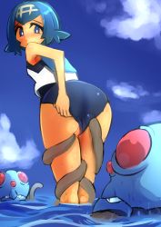 Rule 34 | 1girl, absurdres, ass, blue eyes, blue hair, cloud, creatures (company), dai0, day, from behind, game freak, gen 1 pokemon, hairband, highres, in water, lana (pokemon), nintendo, one-piece swimsuit, open mouth, outdoors, pokemon, pokemon (creature), pokemon sm, pokephilia, pussy, pussy peek, short hair, sky, sleeveless, solo focus, swimsuit, swimsuit under clothes, tentacles, tentacles under clothes, tentacool, water