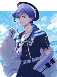 Rule 34 | 1boy, anchor symbol, belt, bird, black hat, black shirt, black shorts, blue hair, blue sky, braid, braided bangs, buttons, cloud, cowboy shot, double-breasted, earrings, gummy bear, hair over shoulder, hat, highres, holostars, jacket, jewelry, lapel pin, letterboxed, long hair, looking at viewer, low ponytail, male focus, minase rio, multicolored hair, name tag, neckerchief, necklace, ocean, off shoulder, official alternate costume, outside border, pointing, pointing at self, purple belt, purple eyes, purple hair, sailor collar, sailor hat, sailor shirt, sasago335, shirt, shorts, sky, sleeves past wrists, smile, solo, streaked hair, stud earrings, sweater jacket, virtual youtuber, white jacket, white neckerchief