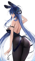 Rule 34 | 1girl, absurdly long hair, absurdres, anchor ornament, animal ears, arm strap, ass, azur lane, bare back, bare shoulders, black leotard, black pantyhose, blue eyes, blue hair, breasts, crossed bangs, fake animal ears, from behind, hair between eyes, hair intakes, highres, large breasts, leotard, leotard pull, light smile, long hair, looking at viewer, looking back, new jersey (azur lane), new jersey (exhilarating steps!) (azur lane), official alternate costume, pantyhose, playboy bunny, rabbit ears, solo, sweat, thighs, thong leotard, very long hair, yamiiv
