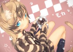 Rule 34 | 1girl, animal ears, bad id, bad tumblr id, blonde hair, blue eyes, brown hair, cat ears, cat tail, coffee, cup, from above, katou itsuwa, leg warmers, long hair, multicolored hair, original, solo, striped clothes, striped sweater, sweater, tail, two-tone hair