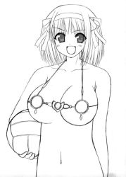 Rule 34 | 00s, 1girl, bad anatomy, ball, bikini, breasts, collarbone, dead or alive, dead or alive xtreme, greyscale, huge breasts, large breasts, monochrome, open mouth, poorly drawn, ribbon, solo, suzumiya haruhi, suzumiya haruhi no yuuutsu, swimsuit, venus bikini, volleyball, volleyball (object)