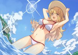 Rule 34 | 1girl, :d, armpits, arms up, bare arms, bare shoulders, bikini, blonde hair, blue sky, breasts, choker, cleavage, cloud, collarbone, day, diffraction spikes, fisheye, front-tie bikini top, front-tie top, hands on headwear, hat, highres, kaosu kun, large breasts, long hair, looking at viewer, navel, open mouth, original, outdoors, sky, smile, solo, stomach, straw hat, sunlight, swimsuit, thighs, wading, water, white bikini, yellow eyes