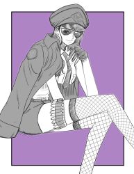 Rule 34 | 1girl, artist request, black gloves, black hair, fishnet thighhighs, fishnets, gloves, greyscale with colored background, happy, hat, highres, jacket, long hair, necktie, nico robin, one piece, purple background, sitting, sketch, smile, solo, source request, sunglasses, thighhighs, thighs, uniform