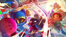 Rule 34 | adeleine, attack, battle, beak, blue eyes, crystal, energy barrier, energy shield, fangs, flamberge (kirby), flying, francisca (kirby), glowing, glowing eyes, gun, highres, king dedede, kirby, kirby: planet robobot, kirby: star allies, kirby (series), looking at another, looking up, magolor, marx (kirby), mecha, nintendo, official art, one eye closed, open mouth, ribbon (kirby), robot, scar, smile, source request, susie (kirby), taranza, teamwork, weapon, yellow eyes, zan partizanne