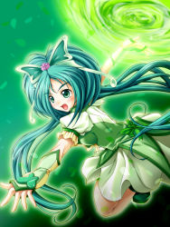 Rule 34 | 00s, 1girl, :o, akimoto komachi, boots, bow, bug, butterfly, butterfly hair ornament, cure mint, dress, flower, gloves, green background, green eyes, green hair, green theme, hair flower, hair ornament, hairpin, highres, insect, long hair, magic, magical girl, matching hair/eyes, open mouth, pink flower, pink rose, power, precure, ribbon, rose, shina tatsumi, solo, twintails, vortex, yes! precure 5