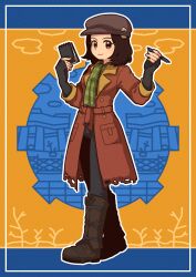 Rule 34 | 1girl, absurdres, black gloves, black pants, brown coat, brown eyes, brown footwear, brown hair, brown headwear, coat, fallout (series), fallout 4, fallout shelter online, fingerless gloves, fingernails, full body, gloves, green scarf, highres, holding, holding notepad, holding pen, looking at viewer, notepad, pants, pen, piper wright, ricopin, scarf, short hair, smile, solo, striped clothes, striped scarf