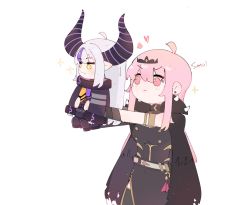 Rule 34 | 2girls, :|, ahoge, armlet, belt, black dress, cape, chibi, closed mouth, collar, commentary, demon girl, dress, earrings, english commentary, english text, fang, from side, hair between eyes, highres, holding person, hololive, hololive english, holomyth, holox, horns, jewelry, la+ darknesss, long hair, mojiiii222, mori calliope, multicolored hair, multiple girls, outstretched arms, pink eyes, pink hair, pointy ears, purple hair, sidelocks, skin fang, sparkle, streaked hair, striped horns, stud earrings, tiara, upper body, virtual youtuber, white background, yellow eyes