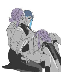 Rule 34 | 3girls, asticassia school uniform, blue eyes, blue hair, blush, braid, clone, closed mouth, commentary request, crown braid, dual persona, girl sandwich, grabbing another&#039;s breast, grabbing from behind, greyscale, groping, gundam, gundam suisei no majo, hand on another&#039;s thigh, highres, korean commentary, long sleeves, looking at another, monochrome, multiple girls, nika nanaura, pa ttt, parted lips, purple hair, sabina fardin, sandwiched, school uniform, short hair, shorts, sitting, sitting on lap, sitting on person, spot color, spread legs, sweatdrop, white background, yellow eyes, yuri