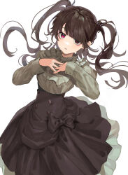 Rule 34 | 1girl, black hair, breasts, brown skirt, commentary request, cowboy shot, dress, green dress, hands on own chest, hands up, highres, long sleeves, looking at viewer, original, parted lips, red eyes, saz8720, simple background, skirt, small breasts, solo, twintails, white background