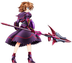 Rule 34 | 1girl, blue eyes, brown hair, characetr name, character name, dress, fingerless gloves, from behind, gloves, kiriko (takitsubo massage), long sleeves, luciferion, lyrical nanoha, magical girl, mahou shoujo lyrical nanoha, mahou shoujo lyrical nanoha a&#039;s, mahou shoujo lyrical nanoha a&#039;s portable: the battle of aces, stern the destructor, puffy sleeves, short hair, solo, white background