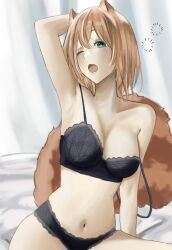 Rule 34 | 1girl, animal ears, arm up, armpit crease, ayunda risu, bed, black bra, black panties, bra, breasts, brown hair, cleavage, curtains, green eyes, highres, hololive, hololive indonesia, lace, lace-trimmed bra, lace-trimmed panties, lace trim, large breasts, looking at viewer, medium hair, nathan01179745, on bed, one eye closed, panties, squirrel ears, squirrel girl, squirrel tail, tail, underwear, virtual youtuber, yawning