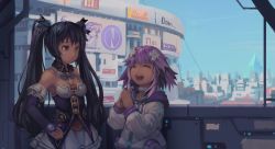 Rule 34 | 10s, 2girls, bare shoulders, black hair, breasts, choker, cityscape, cleavage, d-pad, closed eyes, hair ornament, hand on own hip, highres, long hair, multiple girls, neptune (neptunia), neptune (series), noire (neptunia), open mouth, own hands together, purple hair, red eyes, ribbon, segamark, smile, thighhighs, twintails, very long hair