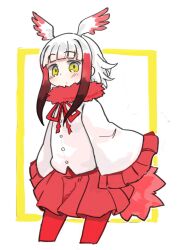 Rule 34 | 1girl, absurdres, bird tail, blush, closed mouth, commission, cropped legs, frilled sleeves, frills, fur collar, grey hair, grey wings, head wings, highres, jacket, japanese crested ibis (kemono friends), kemono friends, kibisake, long sleeves, looking at viewer, multicolored hair, neck ribbon, pantyhose, pleated skirt, red hair, red pantyhose, red ribbon, red skirt, ribbon, skeb commission, skirt, sleeves past fingers, sleeves past wrists, solo, standing, tail, two-tone background, two-tone hair, white background, white jacket, wide sleeves, wings, yellow background, yellow eyes