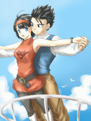 Rule 34 | 1boy, 1girl, :d, ahoge, armpits, bare arms, bare shoulders, belt, bird, black eyes, black hair, blue eyes, boots, bracelet, breasts, cloud, couple, day, dragon ball, dragonball z, dress, eye contact, fuwatoro mitoro, hair ribbon, hairband, happy, hetero, holding hands, husband and wife, jewelry, long sleeves, looking at another, looking to the side, neck, open mouth, outstretched arms, pants, pantyhose, parody, red dress, red hairband, red ribbon, ribbon, seagull, short dress, short hair, sky, sleeveless, sleeveless dress, sleeveless turtleneck, smile, son gohan, spiked hair, style parody, titanic (movie), turtleneck, vest, videl, white footwear