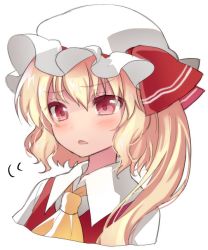 Rule 34 | 1girl, asa (coco), ascot, asymmetrical hair, blonde hair, blush, colored eyelashes, flandre scarlet, hat, hat ribbon, mob cap, open mouth, pink eyes, portrait, red eyes, ribbon, shirt, side ponytail, simple background, solo, touhou, vest, white background