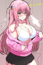 Rule 34 | 1girl, abs, amogan, bikini, bikini under clothes, black skirt, bocchi the rock!, bra, breasts, cleavage, clothes pull, colorized, commentary, cowboy shot, cube hair ornament, flying sweatdrops, gotoh hitori, greyscale, hair ornament, halterneck, highres, hood, hoodie, jacket, jacket pull, large breasts, long hair, looking at viewer, miniskirt, monochrome, muscular, muscular female, one side up, open clothes, open jacket, opened by self, parted lips, partially unzipped, pink jacket, pleated skirt, pulled by self, skirt, smile, solo, standing, sweat, swimsuit, translated, underwear, undressing, unzipping, white bikini, white bra