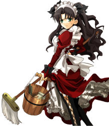 Rule 34 | 00s, 1girl, alternate costume, black hair, broom, bucket, enmaided, fate/stay night, fate (series), female focus, green eyes, hizuki yayoi, long hair, looking at viewer, maid, mop, official alternate costume, ribbon, solo, tohsaka rin, twintails, two side up