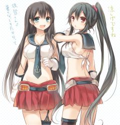 Rule 34 | 10s, 2girls, :d, adapted costume, agano (kancolle), back, bare shoulders, black hair, blue eyes, breasts, cleavage, kantai collection, komeshiro kasu, large breasts, long hair, looking at viewer, miniskirt, multiple girls, navel, necktie, open mouth, ponytail, red eyes, simple background, single thighhigh, skirt, smile, thighhighs, translation request, very long hair, yahagi (kancolle)