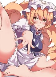 Rule 34 | 1girl, absurdres, barefoot, blonde hair, breasts, closed mouth, commentary request, fox tail, gokuu (acoloredpencil), hat, highres, kitsune, large breasts, long sleeves, looking at viewer, mob cap, multiple tails, short hair, simple background, smile, solo, tabard, tail, touhou, white background, white hat, yakumo ran, yellow eyes