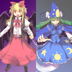 Rule 34 | 2girls, :d, bad id, bad pixiv id, blonde hair, boots, bow, bowtie, cape, chain, column lineup, cross-laced footwear, culter, demon wings, elis (touhou), female focus, fingernails, flower, ghost, green eyes, green hair, hair bow, hair flower, hair ornament, hat, long fingernails, long hair, long skirt, long sleeves, mima (touhou), multiple girls, open mouth, outstretched hand, pointy ears, puffy long sleeves, puffy sleeves, red eyes, skirt, skirt set, slit pupils, smile, smirk, touhou, touhou (pc-98), vest, wand, wings