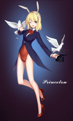 Rule 34 | 1girl, absurdres, animal ears, arnold-s, bad id, bad pixiv id, bird, blonde hair, blue eyes, bow, bowtie, coattails, dove, fake animal ears, freckles, full body, hat, high heels, highres, leotard, magician, one eye closed, playboy bunny, princeton (warship girls r), rabbit ears, red bow, red bowtie, red footwear, red leotard, shoes, short hair, solo, top hat, warship girls r