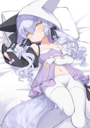 Rule 34 | 1girl, absurdres, animal ears, asymmetrical sleeves, bed sheet, black gloves, black sleeves, blue hair, closed mouth, commentary, fingerless gloves, gloves, hair between eyes, highres, klaius, long hair, lying, navel, on back, original, pantyhose, pillow, solo, symbol-only commentary, tail, white gloves, white pantyhose, white sleeves, wolf girl, wolf hood, wolf tail, yellow eyes