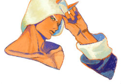 Rule 34 | 1boy, crayon (medium), dazuzuzu, disembodied hand, from side, fur hat, green eyes, hat, jojo no kimyou na bouken, male focus, profile, simple background, solo, stone ocean, traditional media, weather report, white background, white hat