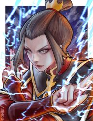 Rule 34 | 1girl, ai shou, artist name, avatar: the last airbender, avatar legends, azula, border, brown eyes, brown hair, commentary, crossed arms, electricity, eyelashes, gold trim, highres, looking at viewer, outside border, parted lips, red lips, short hair, solo, topknot, twitter username, upper body, v-shaped eyebrows, white border