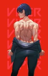 Rule 34 | 1girl, absurdres, back, back focus, black hair, earrings, english text, formal, highres, jewelry, looking at viewer, looking back, mon eree, muscular, muscular back, muscular female, red background, short hair, simple background, suit, toned, undressing, valorant, viper (valorant)