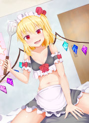 Rule 34 | 1girl, alternate costume, bad id, bad pixiv id, bare legs, blonde hair, door, flandre scarlet, hair ribbon, holding, kneeling, looking at viewer, maid, maid headdress, masen, midriff, red eyes, ribbon, side ponytail, smile, solo, spatula, touhou, v-shaped eyebrows, wall, wings