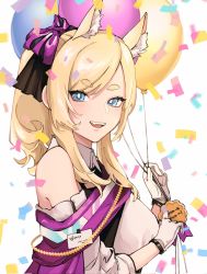 Rule 34 | 1girl, :d, animal ear fluff, animal ears, arknights, balloon, bare shoulders, blonde hair, blue eyes, blush, bow, breasts, bright pupils, confetti, from side, gloves, hair bow, highres, holding, holding balloon, horse ears, id card, long hair, long sleeves, looking at viewer, looking to the side, medium breasts, mmm ma pmpm, official alternate costume, open mouth, ponytail, purple bow, sash, sidelocks, simple background, smile, solo, swept bangs, teeth, thick eyebrows, upper body, upper teeth only, whislash (arknights), whislash (glory purple) (arknights), white background, white gloves