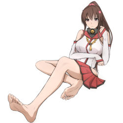 Rule 34 | 1girl, absurdres, barefoot, brown eyes, brown hair, feet, highres, kantai collection, long hair, looking at viewer, ponytail, soles, toes, yamato (kancolle)