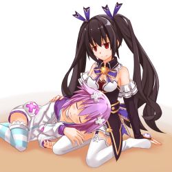 Rule 34 | 10s, 2girls, bare shoulders, black hair, blush, breasts, bridal gauntlets, cleavage, closed eyes, collar, collarbone, d-pad, dress, garter straps, hair ornament, hair ribbon, hand on another&#039;s head, highres, himajin (starmine), hood, hoodie, lap pillow, long hair, lying, multiple girls, neptune (neptunia), neptune (series), noire (neptunia), on side, open mouth, purple hair, red eyes, ribbon, seiza, short hair, sitting, sleeping, small breasts, smile, striped legwear, thighhighs, twintails, very long hair, yuri