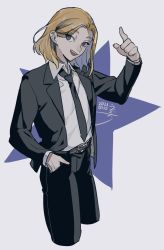 Rule 34 | 1boy, a&#039;he (the legend of luoxiaohei), arm up, belt, black jacket, black necktie, black pants, blonde hair, collared shirt, cropped legs, dated, drruraguchi, formal, hand in pocket, highres, index finger raised, jacket, necktie, open mouth, pants, shirt, shirt tucked in, short hair, smile, solo, star (symbol), suit, luo xiaohei zhanji, white shirt