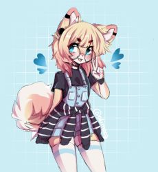 Rule 34 | 1girl, anakoluth, animal ears, black shirt, blonde hair, blue eyes, blush, closed mouth, dog ears, dog girl, dog tail, furry, furry female, glasses, heart, highres, looking at viewer, original, overalls, round eyewear, shirt, short hair, smile, solo, tail, thighhighs, tongue, tongue out, v, white thighhighs