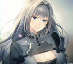 Rule 34 | 1girl, armor, blue eyes, breast tattoo, breasts, cleavage cutout, closed mouth, clothing cutout, ethel (xenoblade), grey hair, hair between eyes, hair intakes, head tilt, large breasts, leaf (esabacoo), lips, long hair, looking at viewer, pink lips, shoulder armor, smile, solo, tattoo, twitter username, upper body, very long hair, xenoblade chronicles (series), xenoblade chronicles 3