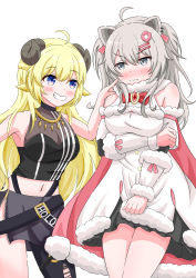 Rule 34 | 2girls, 3:, absurdres, ahoge, animal ears, bare shoulders, black skirt, blonde hair, breasts, cape, cheek poking, cleavage, closed mouth, commentary request, cosplay, costume switch, dress, embarrassed, frown, green eyes, grey hair, grin, hair ornament, hairclip, highres, hololive, horns, lion ears, long hair, looking at another, medium breasts, midriff, multiple girls, navel, pink cape, poking, purple eyes, see-through, see-through cleavage, sheep horns, shishiro botan, shishiro botan (1st costume), shishiro botan (cosplay), skirt, smile, tsunomaki watame, tsunomaki watame (1st costume), tsunomaki watame (cosplay), very long hair, virtual youtuber, white background, white dress, yuta dododo