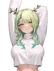 Rule 34 | 1girl, absurdres, alternate costume, antlers, arm behind head, arm up, bluefield, braid, breasts, ceres fauna, closed mouth, commentary, crop top, flower, green hair, hair flower, hair ornament, highres, hololive, hololive english, horns, large breasts, long sleeves, looking at viewer, medium hair, mole, mole under eye, multicolored hair, simple background, smile, solo, sweater, turtleneck, turtleneck sweater, two-tone hair, upper body, virtual youtuber, white background, white sweater, yellow eyes