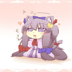 Rule 34 | 1girl, animal ears, blush, cat ears, cat girl, cat tail, catchouli (hazuki ruu), chibi, crescent, crescent hair ornament, dress, fang, female focus, hair ornament, hair ribbon, hazuki ruu, heart, kemonomimi mode, mukyuu, open mouth, patchouli knowledge, pink dress, purple eyes, purple hair, ribbon, sitting, smile, solo, tail, touhou, translation request, twintails