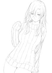 Rule 34 | 1girl, greyscale, highres, lineart, long hair, monochrome, niwatazumi, ribbed sweater, simple background, smile, solo, sweater, white background